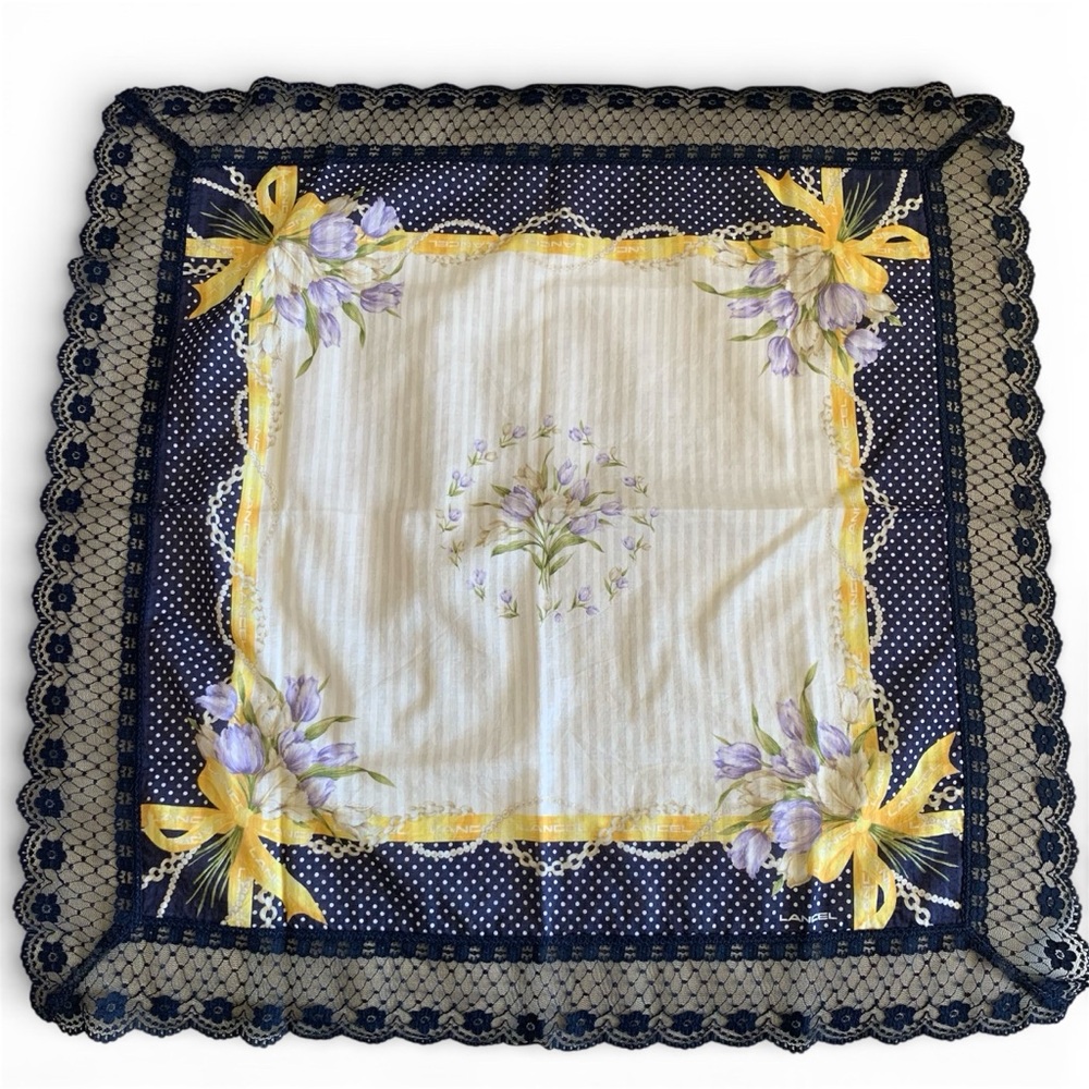 Lancel Lace Trim Handkerchief Large 22” Floral Navy Japan Scarf Style Vintage
